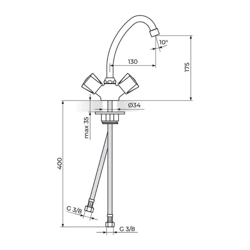 Rosan Baterija stojeća - kraći izliv 130 mm KK23013 - tehnički crtež