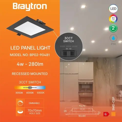 Braytron LED Panel Ugradni Kvadratni 3" 4W Crni CCT BP02-90481