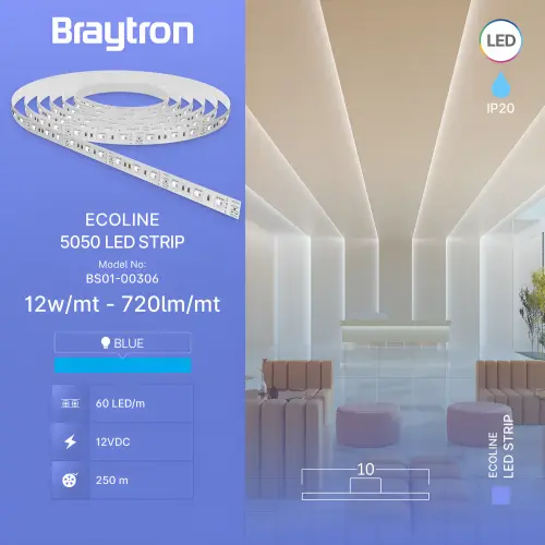 Braytron LED Traka 12W 60LED 5050 Plava 12V IP20 5M BS01-00306