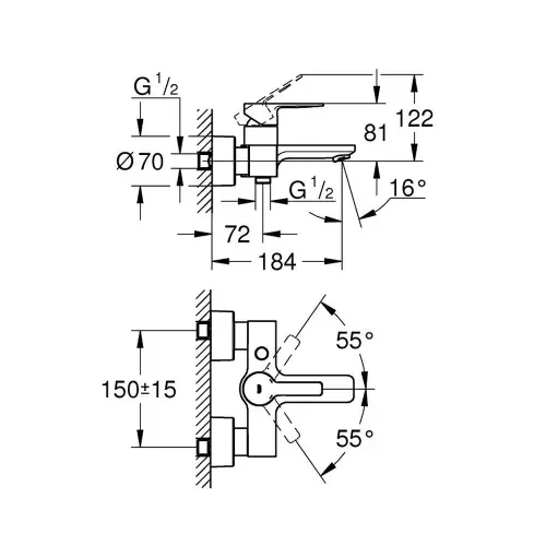 Grohe Lineare za kadu 33849001 - tehnički crtež