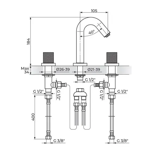Rosan S2 Black za lavabo Podgradna 230301B - tehnički crtež