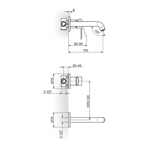 Rosan S2 uzidna za lavabo 231402 - tehnički crtež