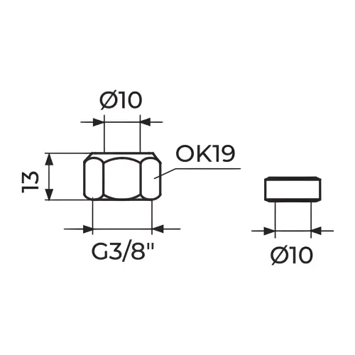 Rosan Navrtka 3/8" sa zaptivačem - hromirana ø 10mm PN38S - tehnički crtež