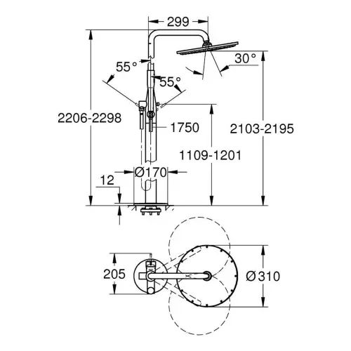 Grohe Essence Usponski tuš podni 23741001 - tehnički crtež