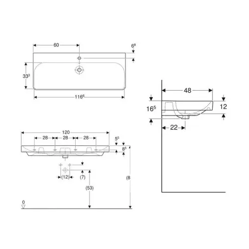 Geberit Smyle Square 120 umivaonik 500.226.01.1 - tehnički crtež