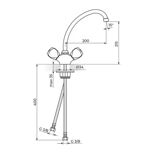Rosan Klasik Baterija stojeća - duži izliv 200mm KF23020 - tehnički crtež