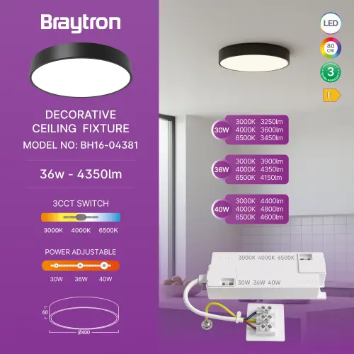 Braytron LED Plafonjera Okrugla 36W Crni CCT BH16-04381