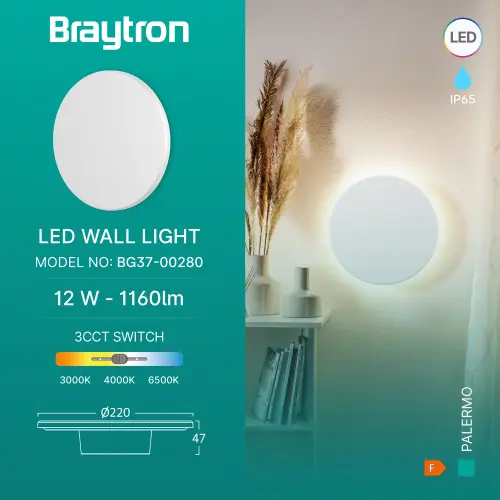 Braytron LED Zidna Svetiljka Okrugla 12W Beli CCT IP65 BG37-00280