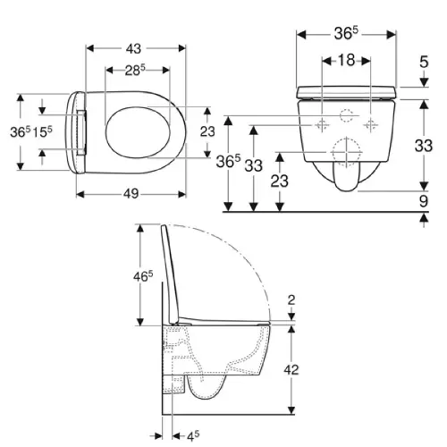 Geberit Icon set WC šolja Rimfree sa sc daskom 49cm - tehnički crtež