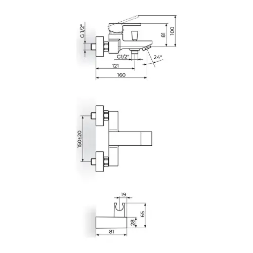 Rosan Quadro White Baterija za kadu JQ33101W - tehnički crtež