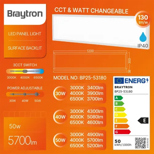 Braytron LED Panel Nadgradni 300X1200 50W Beli CCT BP25-53180