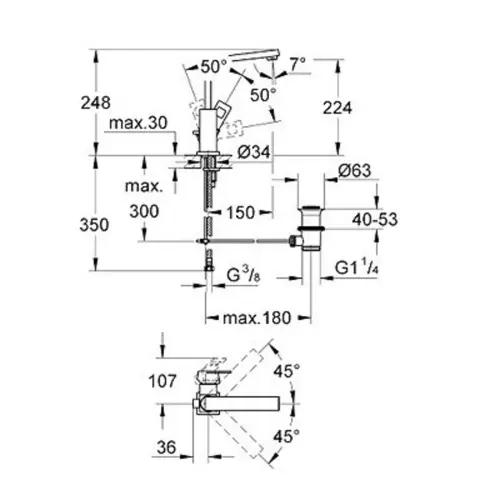 Grohe Eurocube za lavabo L size 23135000 - tehnički crtež