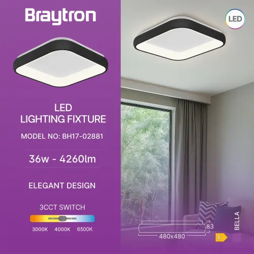 Braytron LED Plafonjera Kvadratna 36W Crni CCT IP20 BH17-02881