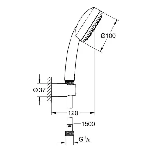 Grohe Tempesta Cosmopolitan 100 tuš set tuš crevo držač i ručica 26084002 - tehnički crtež
