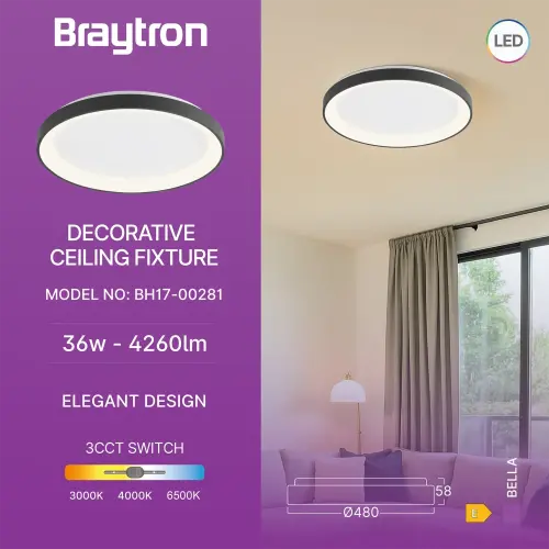Braytron LED Plafonjera Okrugla 36W Crni CCT IP20 BH17-00281