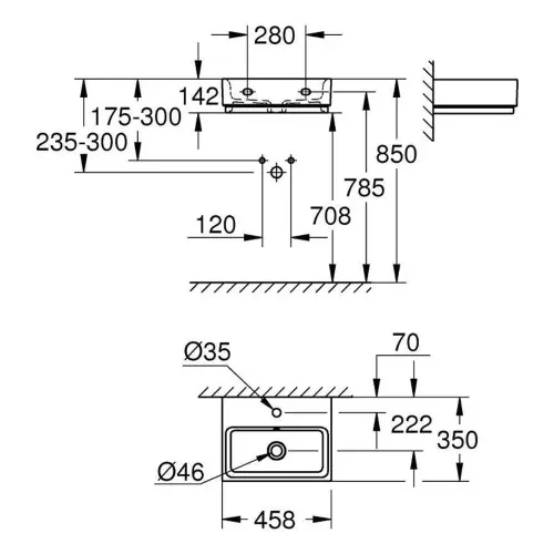 Grohe Cube Ceramic Umivaonik 45 3948300H - tehnički crtež