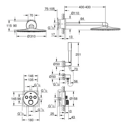 Grohe Grohtherm Smartcontrol Termostatski ugradni set sa okruglom ružom 34705000 - tehnički crtež