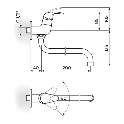 Rosan Perla ventill za jednu vodu, cevni izliv 200 mm JP523020 - tehnički crtež