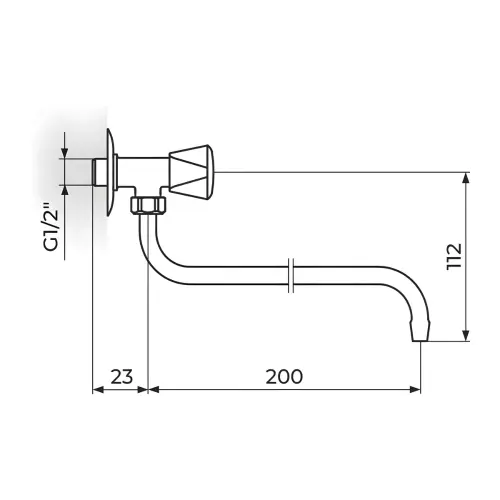 Rosan Zidni ventil 3/8 Donji izliv 200mm A501200 - tehnički crtež