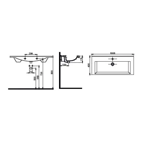 Alvit Line 1000x450/40mm ugradni lavabo - tehnički crtež