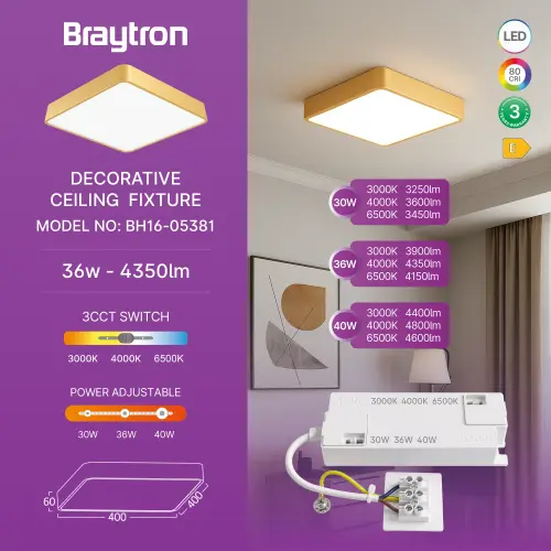 Braytron LED Plafonjera Kvadratna 36W Zlatni CCT BH16-05386