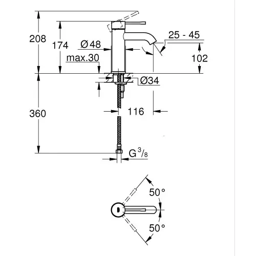 Grohe Essence za lavabo S size Phantom Black 24172KF1 - tehnički crtež