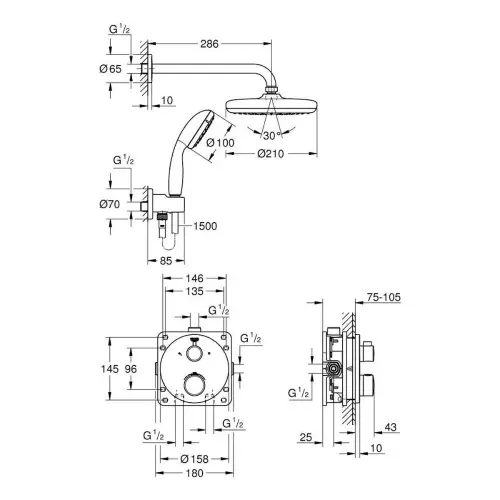 Grohe Grohterm Perfect ugradni tuš set sa Tempesta 210 34727000 - tehnički crtež