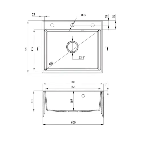 Deante Andante ZQN N103 ugradna Crna 600x520/210mm - tehnički crtež