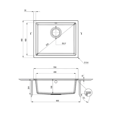 Deante Corda FLUSH ZQA N10F podgradna Crna 550x460/204mm - tehnički crtež