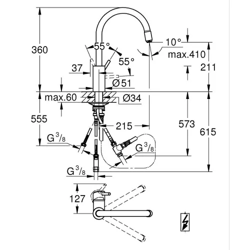 Grohe CONCETTO za sudoperu izvlačni tuš - tehnički crtež