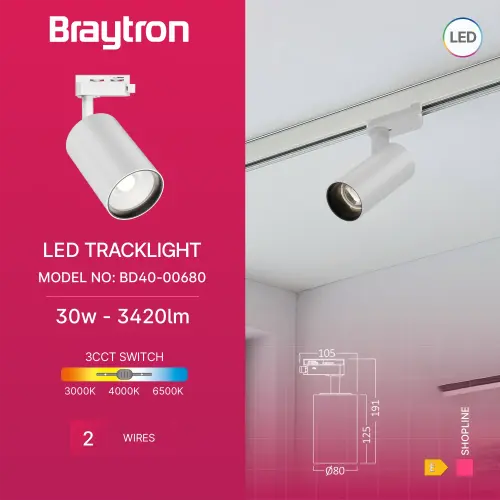 Braytron LED Šinski Reflektor 30W Beli CCT Monofazni BD40-00680
