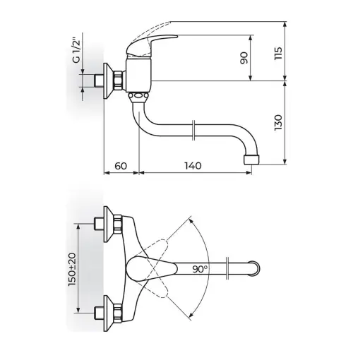Rosan Perla Zidna cevni izliv 150 mm JP322014 - tehnički crtež