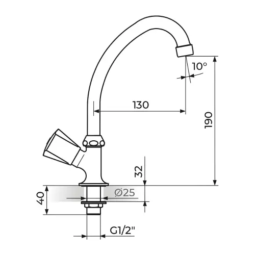 Rosan Keramic Stojeći ventil za - pokretni izliv o18 mm AK531130 - tehnički crtež