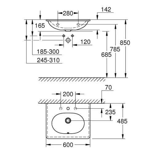 Grohe Essence Umivaonik 60 3956500H - tehnički crtež