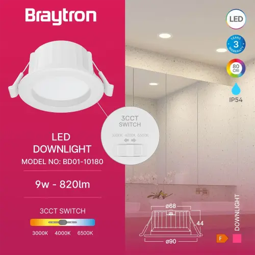 Braytron LED Downlight D90 9W Beli CCT IP54 BD01-10180