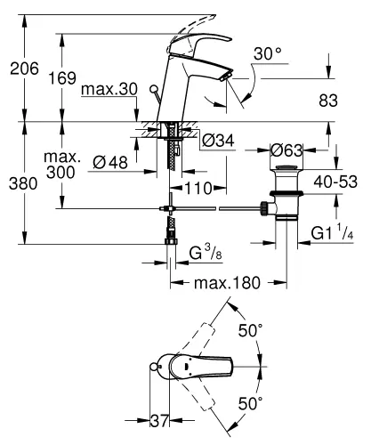 Grohe Eurosmart za lavabo M SIZE 23322001 - tehnički crtež