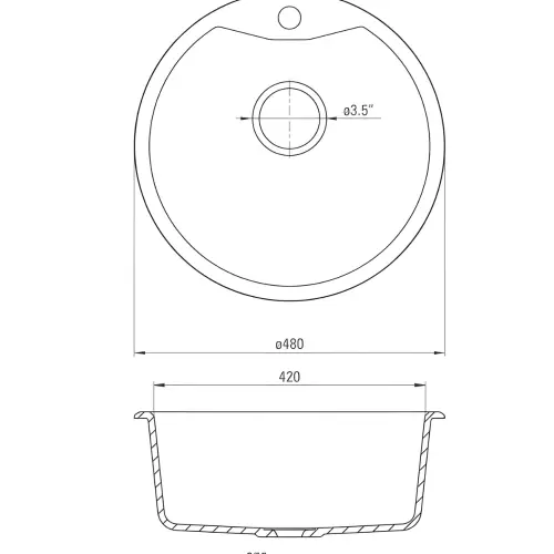 Deante Solis ZRS 2803 Okrugla sudopera Grafit 480X480/180mm - tehnički crtež