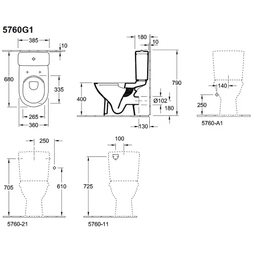 Villeroy & Boch O novo vodokotlić za monoblok 5760G101 - tehnički crtež