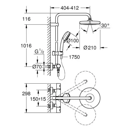Grohe Tempesta Cosmopolitan 210 Termostatski Usponski tuš 27922001 - tehnički crtež