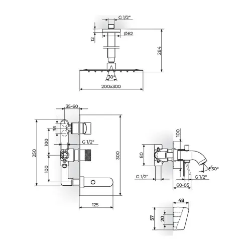 Rosan S2 Black uzidna baterija za tuš kadu 231707B - tehnički crtež