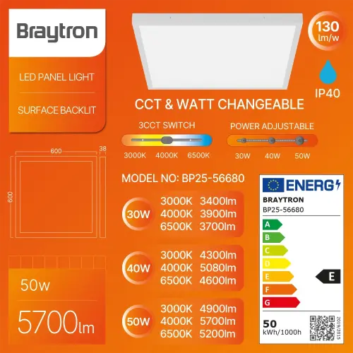 Braytron LED Panel Nadgradni 600X600 50W Beli CCT BP25-56680
