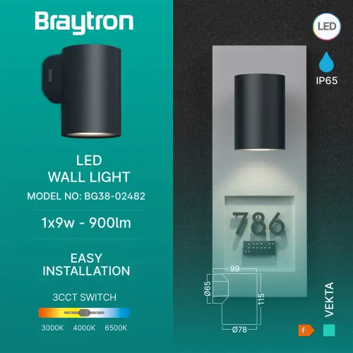 Braytron LED Zidna Svetiljka 1X9W Sivi CCT IP65 BG38-02482