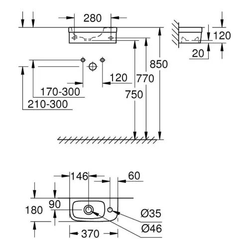 Grohe Euro Ceramic Umivaonik 37x18 39327000 - tehnički crtež