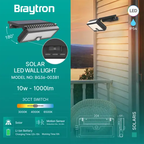 Braytron Solarna Zidna Svetiljka 10W Crni CCT IP54 BG36-00381