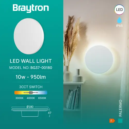Braytron LED Zidna Svetiljka Okrugla 10W Beli CCT IP65 BG37-00180