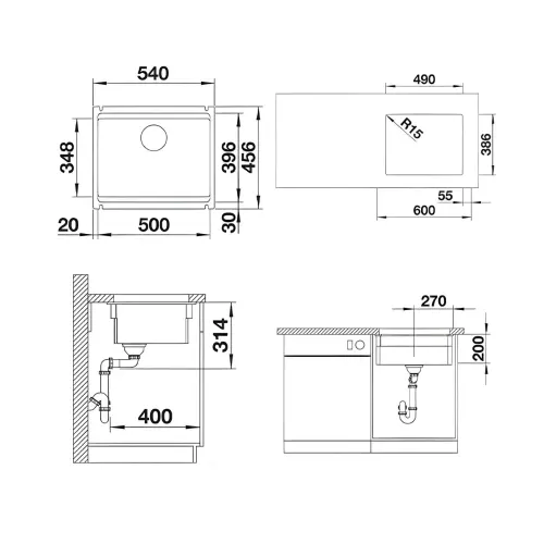 Blanco ETAGON 500-U Keramika kristalno Bela 500x396mm 525149 podgradna - tehnički crtež