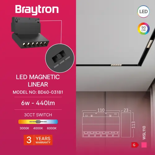 Braytron Magnetni Zidni Osvetljivač 6W Crni CCT 48VDC BD60-03181