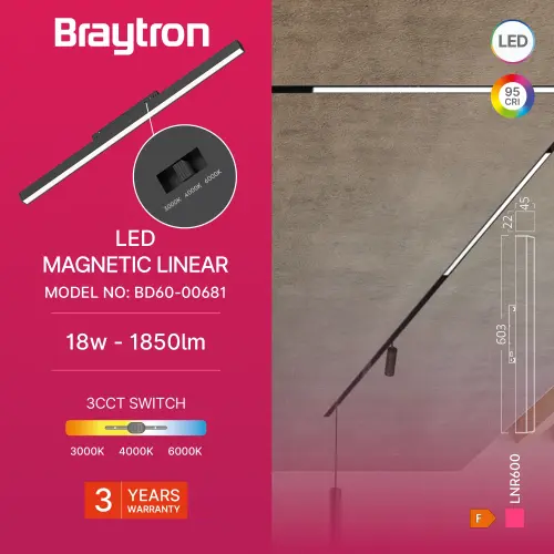 Braytron Magnetna Linearna Svetiljka 18W Crni CCT 48VDC BD60-00681
