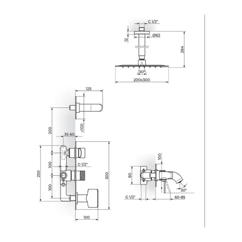 Rosan S2 uzidna za tuš 231507 - tehnički crtež