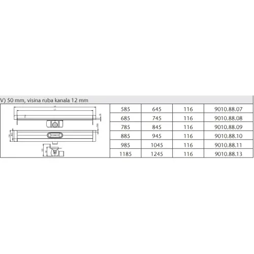 Aco ShowerDrain C tuš kanalica do zida 1185 mm h=93mm 9010.88.13 - tehnički crtež